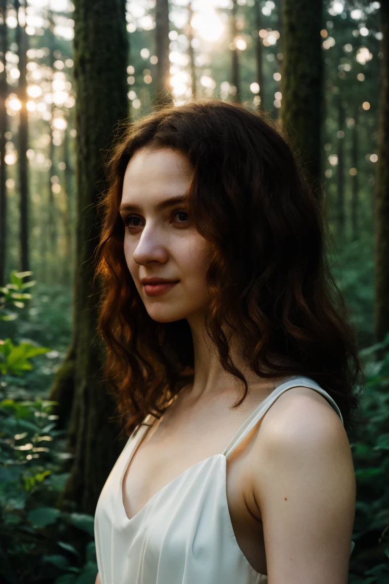 polaroid photo, night photo, photo of  y.o beautiful woman, pale skin, bokeh, motion blur, naked skin , pubic hair, lying on back in forest, sunny, body bare