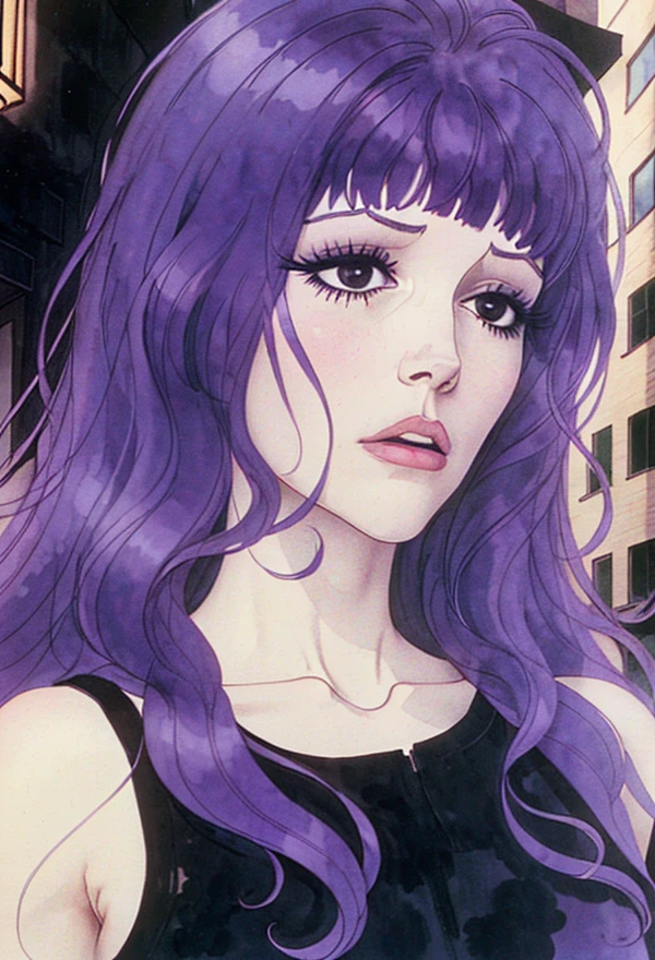 <lora:jeannebelladonna:0.6> 1girl, jeannabelladonna, solo, bangs, purple hair, street, portrait