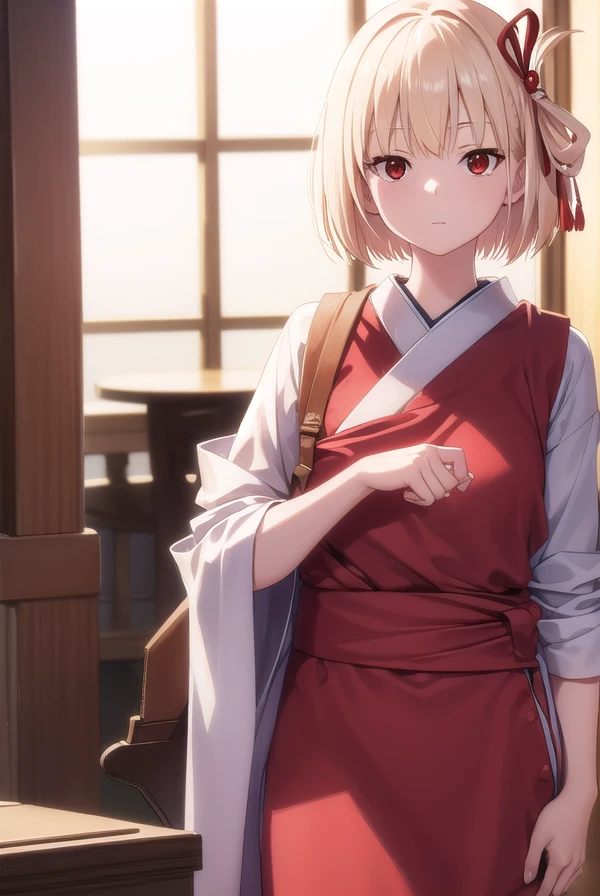 chisatonishikigi, <lora:chisatonishikigi-lora-nochekaiser:1>, 
nishikigi chisato, short hair, bangs, blonde hair, (red eyes:1.5), hair ribbon, one side up, bob cut, <lora:smirkingeye_v100:1>, <lora:smirkingmouth_v100:1>
BREAK japanese clothes, kimono, apron, red ribbon, waitress, red kimono,
BREAK indoors, cafe,
BREAK looking at viewer, (cowboy shot:1.5),
BREAK <lyco:GoodHands-beta2:1>, (masterpiece:1.2), best quality, high resolution, unity 8k wallpaper, (illustration:0.8), (beautiful detailed eyes:1.6), extremely detailed face, perfect lighting, extremely detailed CG, (perfect hands, perfect anatomy),