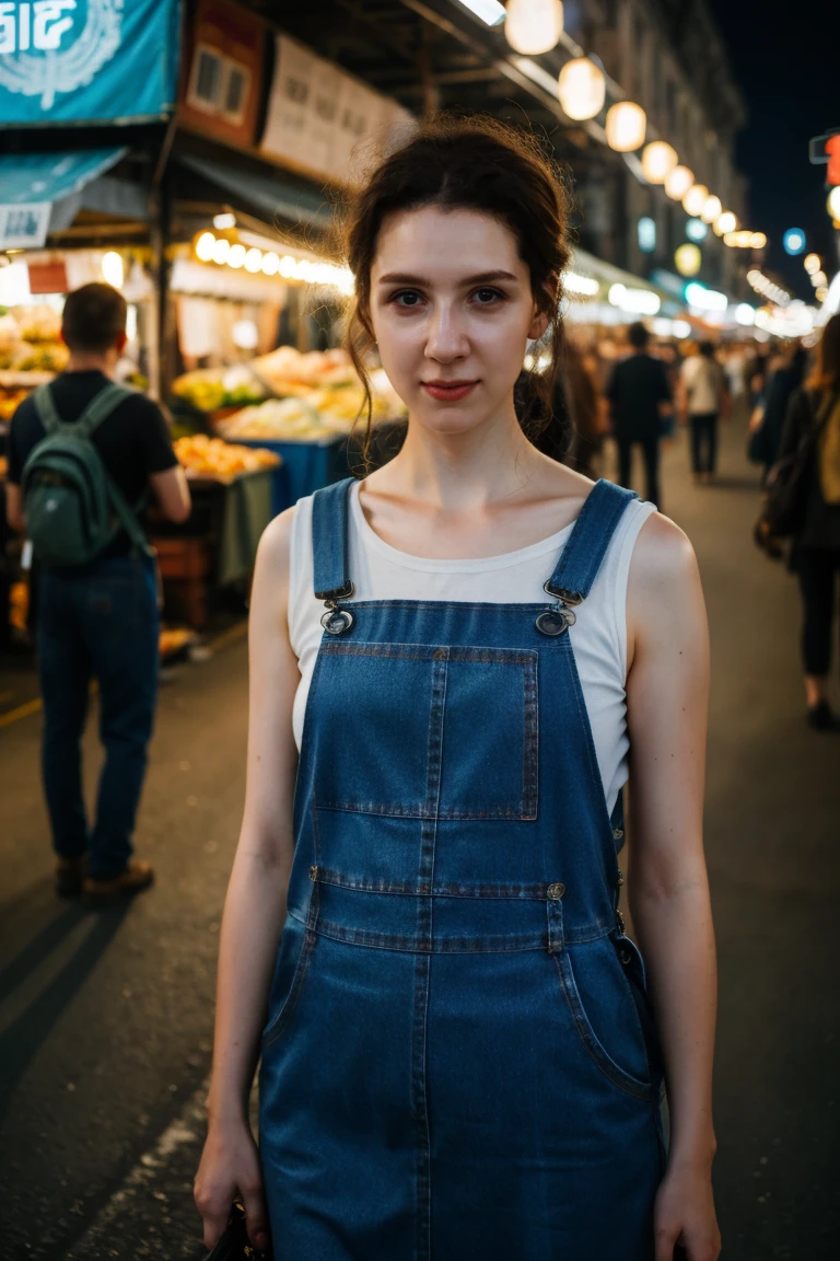 A stunning intricate full color portrait of a pale woman,wearing a Denim overall dress with adjustable straps, Street market, epic character composition,by ilya kuvshinov, alessio albi, nina masic,sharp focus, at night, subsurface scattering, f2, f2, 35mm, film grain, <lora:MelissaMazV2-000005:1> <lora:epiNoiseoffset_v2:0.4>