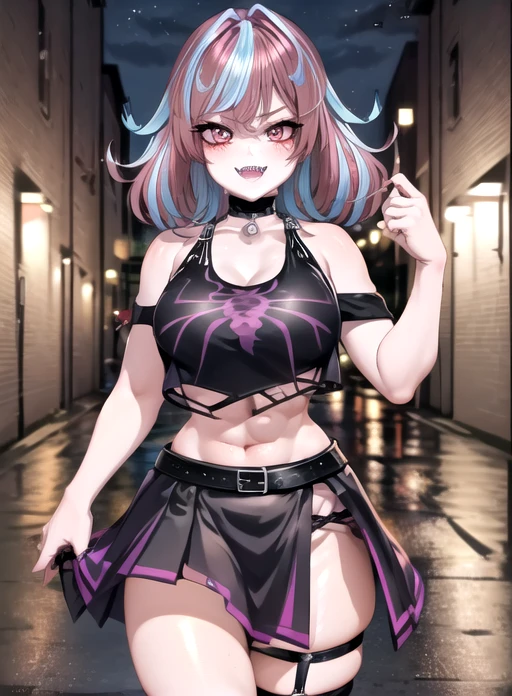 best quality, (masterpiece),(ultra-detailed), (high quality), (high resolution), <lora:emikukis-10:0.7> ,1girl, bare shoulders, black belt, black choker, black footwear, blue hair, breasts, choker, crop top, emikukis, facial mark, large breasts, looking at viewer, maid, multicolored hair, night, no headwear, open mouth, outdoors, pink background, pink hair, portrait, sharp teeth, shirt, skirt, smile, solo, streaked hair, tongue out, two-tone hair, virtual youtuber