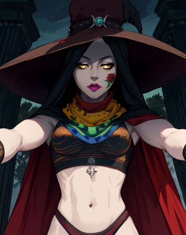 Scathach,makeup,navel,yellow eyes,lipstick,grey skin, black hair,
upper body, red rose tattoo on face, from below, toned,
striped crop top ,striped ,fingerless gloves , striped underwear,jewelry ,
witch hat, cape, nighttime, pillars, (insanely detailed, beautiful detailed face, masterpiece, best quality)
<lora:Scathach-10v4:0.7>