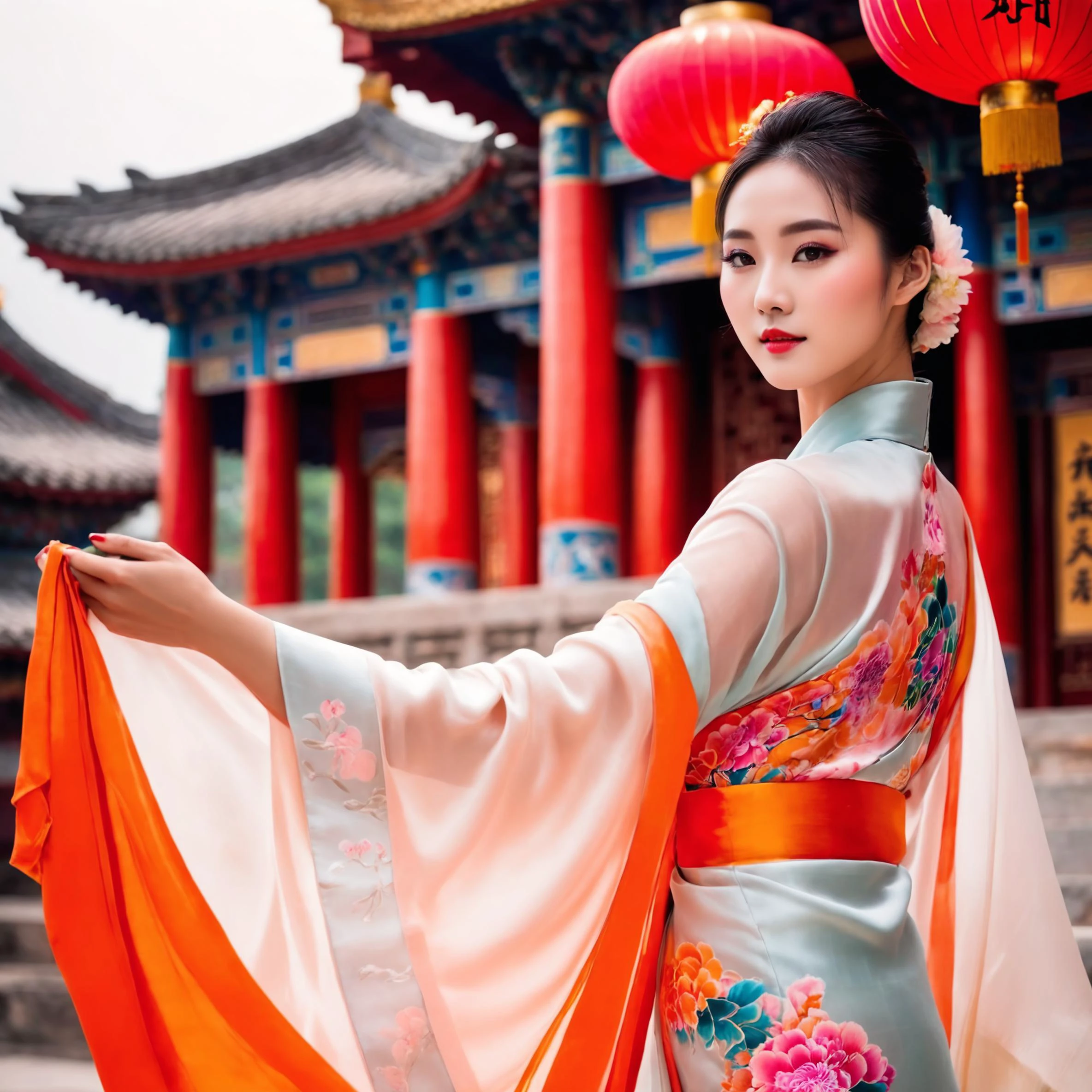 A Photograph of a young chinese woman in a realistic professional photoshoot, silk cloths, Capture her graceful beauty as she poses amidst a vibrant temple backdrop.