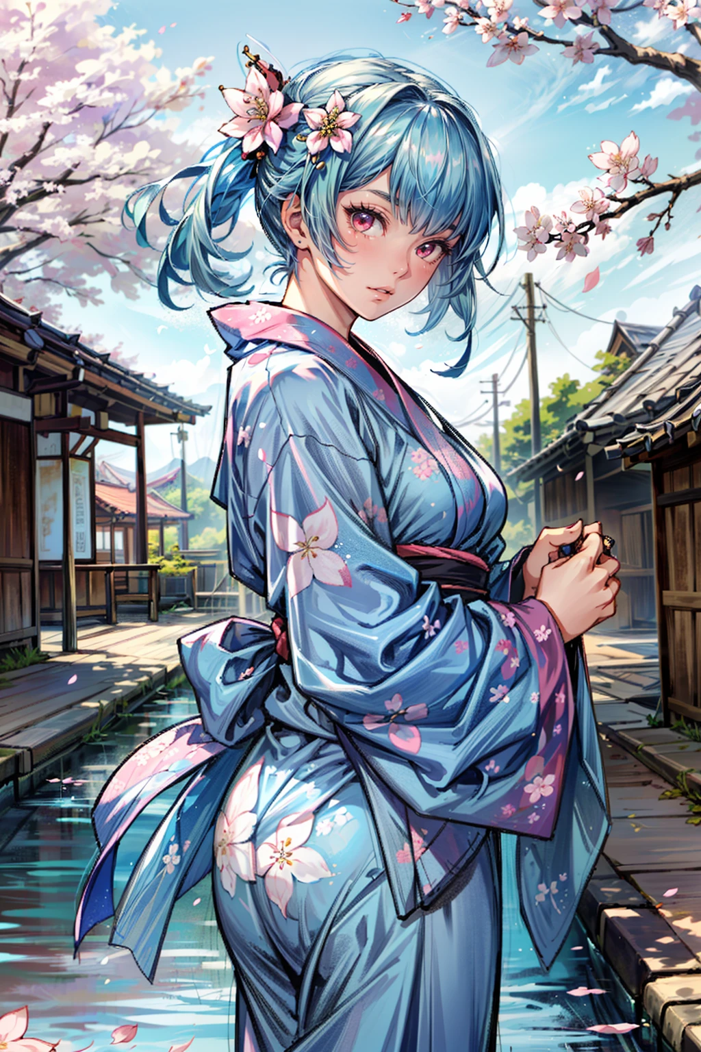 (masterpiece, best quality:1.3)
<lora:epi_noiseoffset2:1> <lora:add_detail:0.7>  <lora:KOFKula:0.8>
KOFKula, 1girl, solo, blue hair, bangs, yukata, japan, cherry blossoms, hair ornament