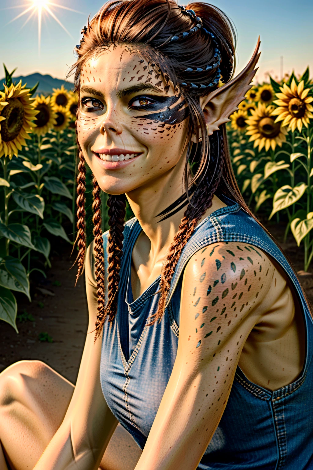 (masterpiece, best quality:1.3)
<lora:epi_noiseoffset2:1> <lora:add_detail:0.7> <lora:BGLaezelDreamshaper:0.8>
BGLaezel,  1girl, solo, long hair, pointy ears, sitting in a sunflower field, smiling, sunlight