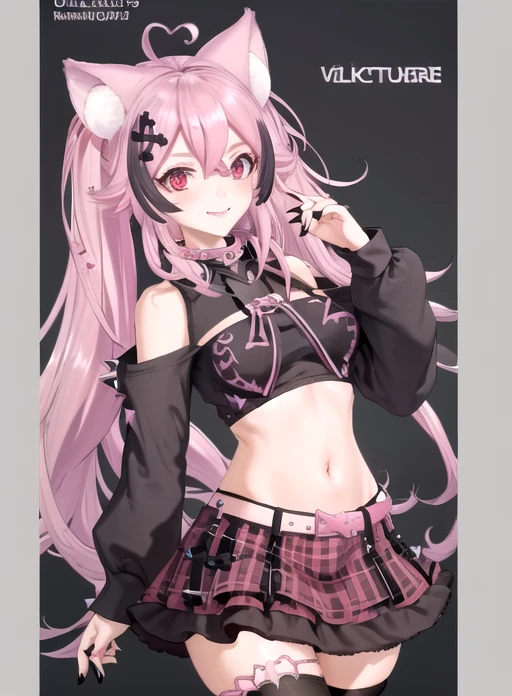 best quality, (masterpiece),(ultra-detailed), (high quality), (high resolution),  <lora:suwievt:0.7> ,1girl, animal ears, artist name, belt, black nails, black thighhighs, can, cat ears, collar, dog ears, hair ornament, long sleeves, looking at viewer, multicolored hair, multiple views, navel, pink eyes, red eyes, skirt, smile, solo, spiked collar, spikes, suwie, twintails, virtual youtuber