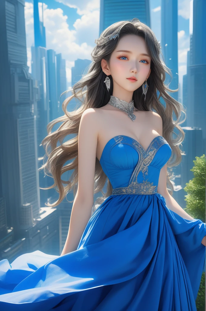 (masterpiece,best quality:1.5),ultra realistic,32k,RAW photo,(high detailed skin:1.2), 8k uhd, dslr, soft lighting, high quality, film grain,Concept Art World ,(ðï¸,ðï¸),ðµ, pretty girl,goddess of love, royal style, Blue dress,(ð,â­ï¸,â¨),((wind)), sexy, medium  breast, skyscraper, anime