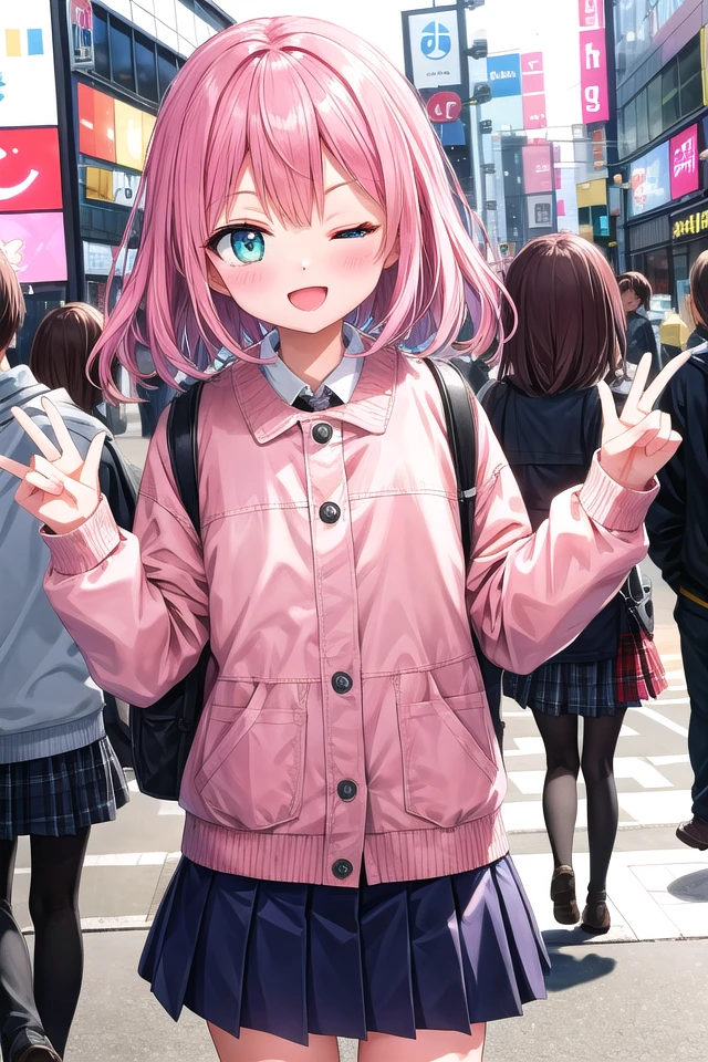 insanely detailed, absurdres, ultra-highres, ultra-detailed, best quality,
1 girl, solo, nice hands, perfect hands,
BREAK,
(one eye closed, wink:1.2),
(wearing winter school uniform),
happy smile, laugh, open mouth,
dynamic pose, cowboy shot, looking at viewer,
BREAK,
slender, kawaii, perfect symmetrical face, ultra cute girl, ultra cute face, ultra detailed eyes, ultra detailed hair, ultra cute, ultra beautiful,
by Canon EOS, SIGMA Art Lens 35mm F1.4, ISO 200 Shutter Speed 2000,
in harajuku, shibuya, tokyo, street, crowd, cityscape,
medium breasts, (cleavage:-1.5),
BREAK,
(pink medium hair, dark green eyes), hair between eyes
<lora:leftwink_v120:1>