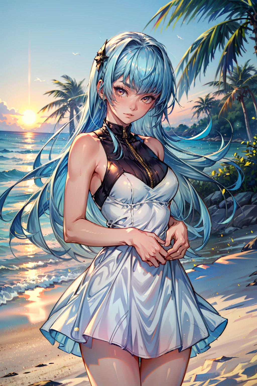 (masterpiece, best quality:1.3)
<lora:epi_noiseoffset2:1> <lora:add_detail:0.7>  <lora:KOFKula:0.8>
KOFKula, 1girl, solo, blue hair, bangs, at the beach, minidress, palm trees, sundown