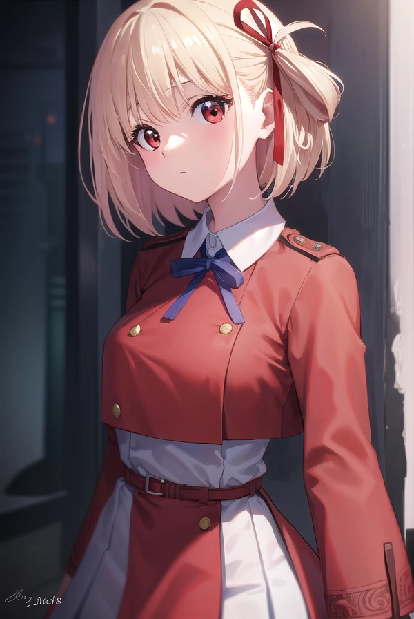 chisatonishikigi, <lora:chisatonishikigi-lora-nochekaiser:1>, 
nishikigi chisato, short hair, bangs, blonde hair, (red eyes:1.5), hair ribbon, one side up, bob cut,
BREAK shirt, long sleeves, dress, ribbon, white shirt, collared shirt, belt, neck ribbon, red dress, blue ribbon, pleated dress, grey dress, two-tone dress, red belt, lycoris uniform,
BREAK outdoors, city,
BREAK looking at viewer, (cowboy shot:1.5),
BREAK <lyco:GoodHands-beta2:1>, (masterpiece:1.2), best quality, high resolution, unity 8k wallpaper, (illustration:0.8), (beautiful detailed eyes:1.6), extremely detailed face, perfect lighting, extremely detailed CG, (perfect hands, perfect anatomy),