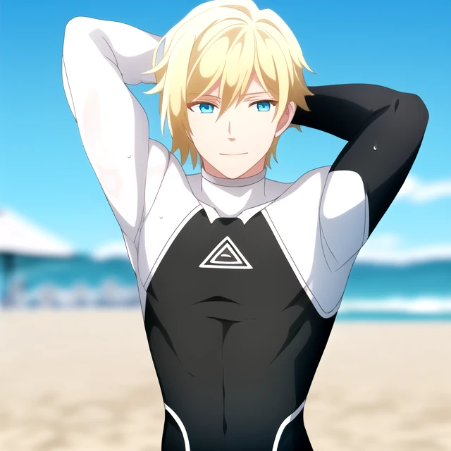 high quality, highres, absurdres, nsfw, (1boy, solo focus, muscular male), bodysuit, black and white wetsuit, (facing viewer, looking at viewer), blue eyes, blonde hair, <lora:Sho_Akitsuki_v2:0.7> , beach, arms behind head, wet, wet hair, sweat,