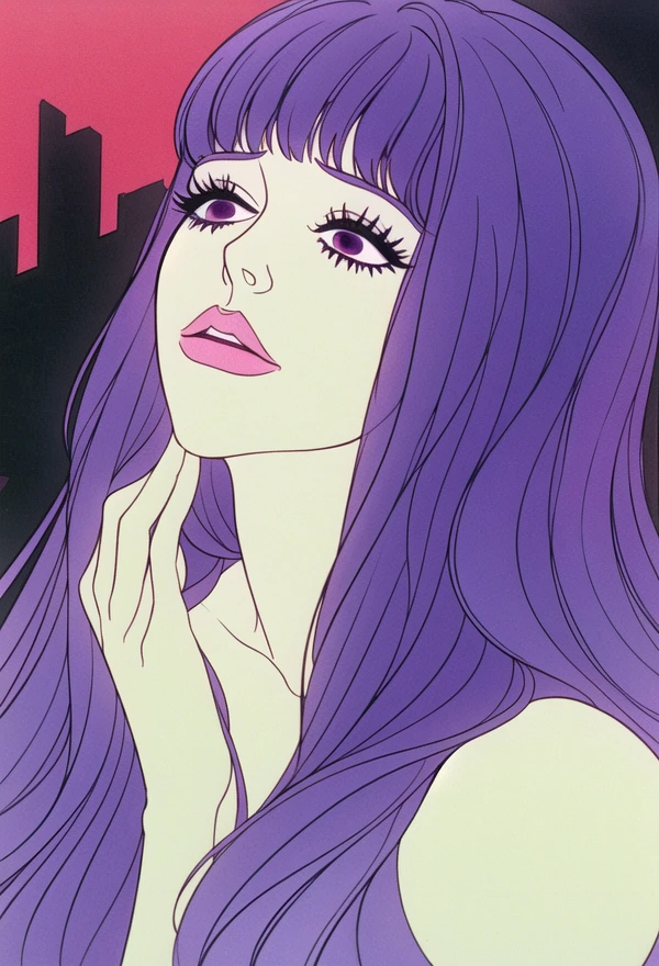 <lora:jeannebelladonna:0.6> 1girl, jeannabelladonna, solo, bangs, purple hair, street, portrait, closup