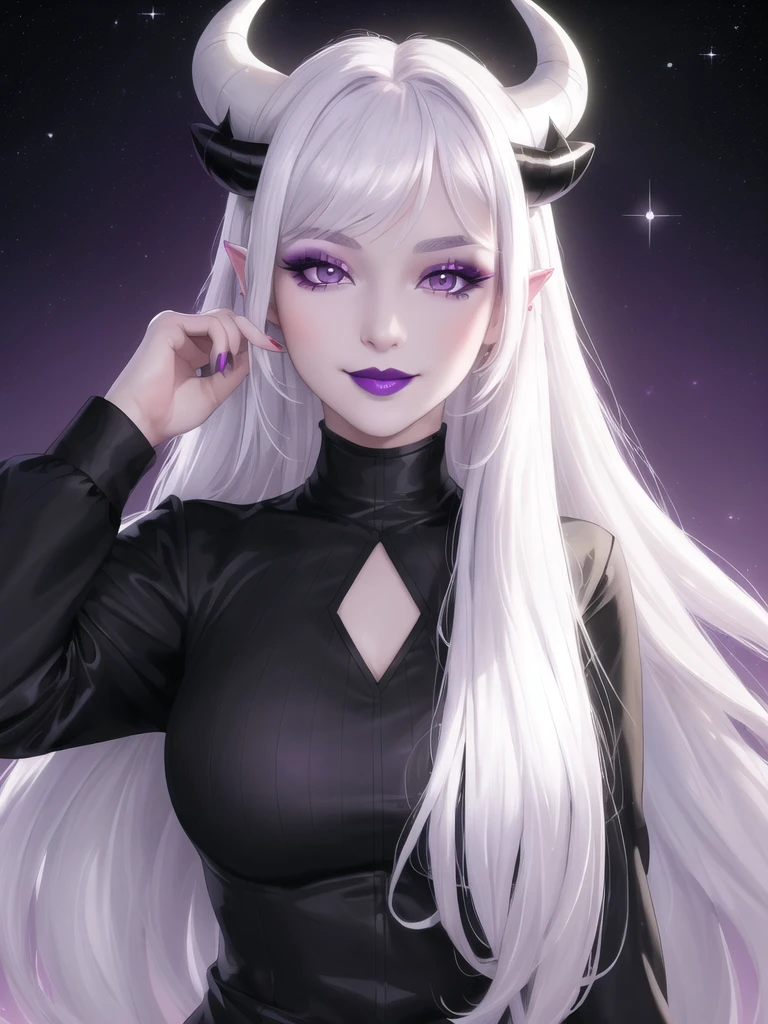 (masterpiece, best quality:1.3) , 1girl, solo, long hair, looking at viewer, smile, long sleeves, closed mouth, upper body, white hair, horns, hand up, makeup, glowing, colored skin, lipstick, white eyes, no pupils, purple lips, black lips