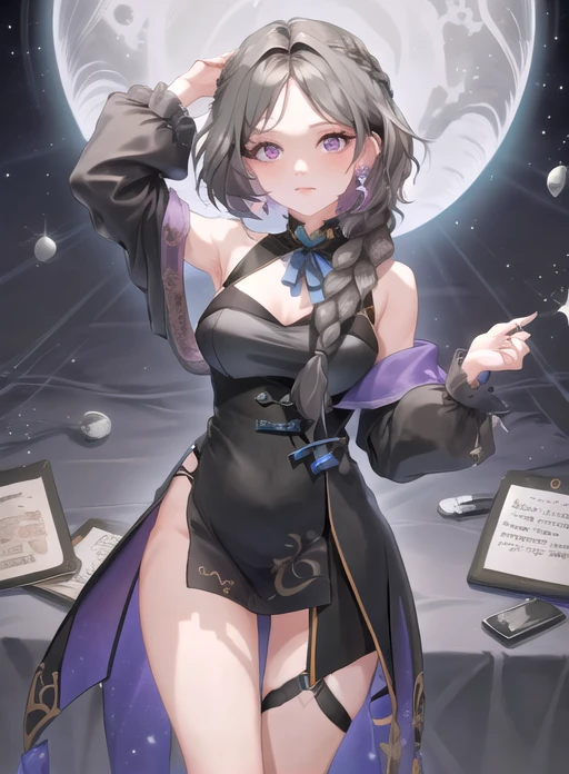 best quality, (masterpiece),(ultra-detailed), (high quality), (high resolution), <lora:elure:0.7>,1girl, bangs, bare shoulders, black dress, braid, dress, earrings, elure, grey hair, hair behind ear, long hair, looking at viewer, makeup, medium breasts, mole, mole under eye, moon, night, off shoulder, open book, piercing, purple eyes, ribbon, solo, thigh strap, virtual youtuber