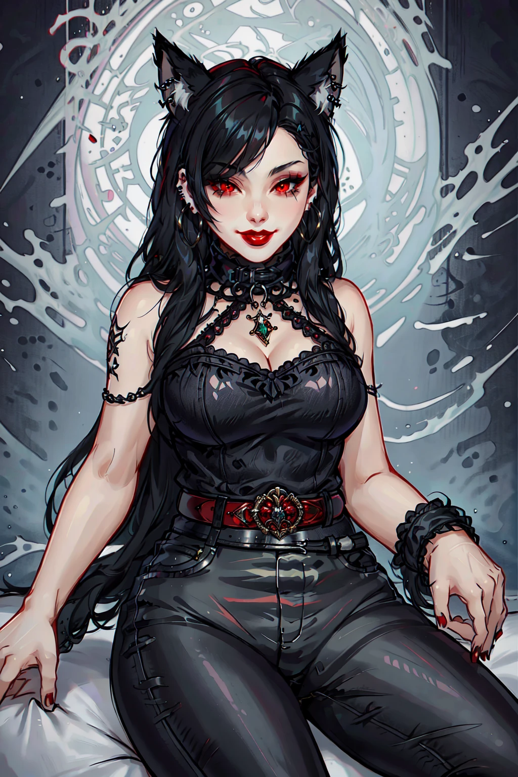 1girl, solo, long hair, breasts, looking at viewer, smile, black hair, red eyes, animal ears, jewelry, medium breasts, sitting, earrings, belt, pants, hair over one eye, makeup, black pants, piercing, lipstick, hoop earrings, red lips, gothic, <lora:GothConcepts:0.8>