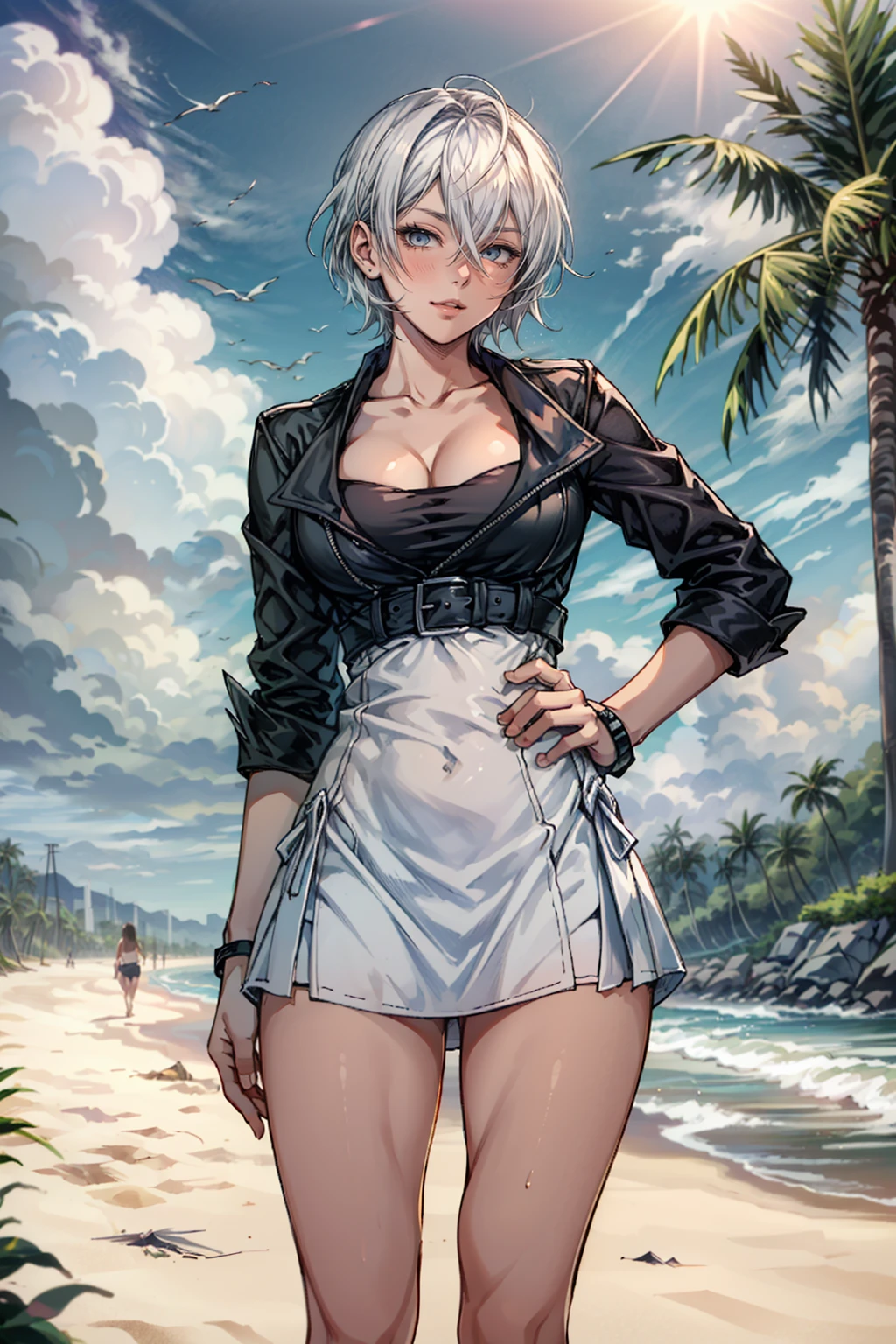 (masterpiece, best quality:1.3)
<lora:epi_noiseoffset2:1> <lora:add_detail:0.7> <lora:KOFAngel:0.8>
KOFAngel, 1girl, solo, short hair, at the beach, minidress, palm trees, sundown