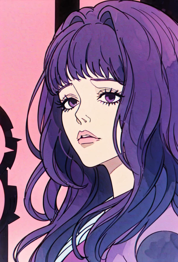 <lora:jeannebelladonna:0.6> 1girl, jeannabelladonna, solo, bangs, purple hair, street, portrait