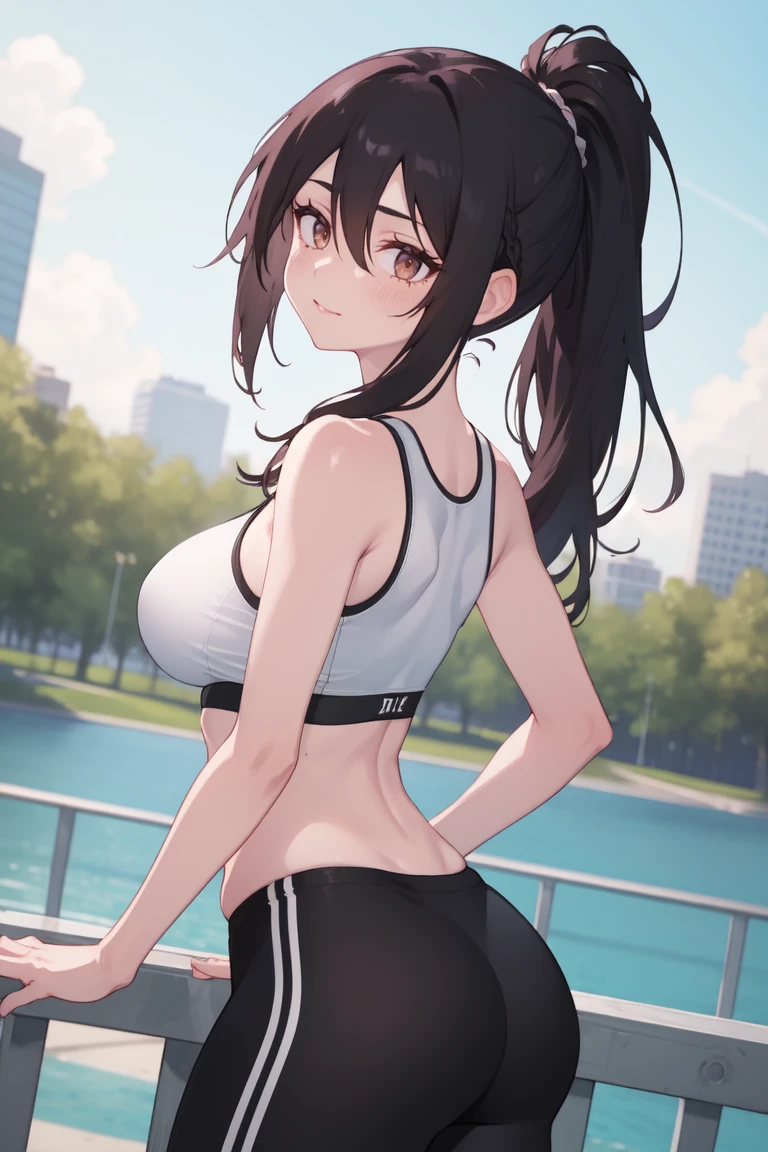 ((best quality)), ((masterpiece)), (detailed), (((perfect face))), ((slender teengirl arms up, hands behind had)), (((wearing black cycling shorts))), ((medium breasts)), ((brunette)), ((ponytail)), ((((topless)))), (((blue eyes))), ((shy:1.3)), ((blushing:1.5)), ((skinny thighs)), ((skinny hips)), (((girl looking away))), ((bare stomach)), ((bare arms)), ((bare shoulders)), (((plain field of grass))), (((buildings and city streets in distant background)))