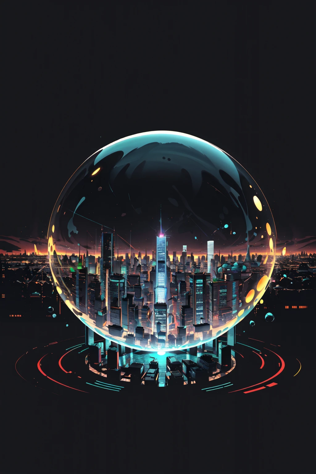 no_humans, black_background, building, scenery, bubble, city, cityscape, planet