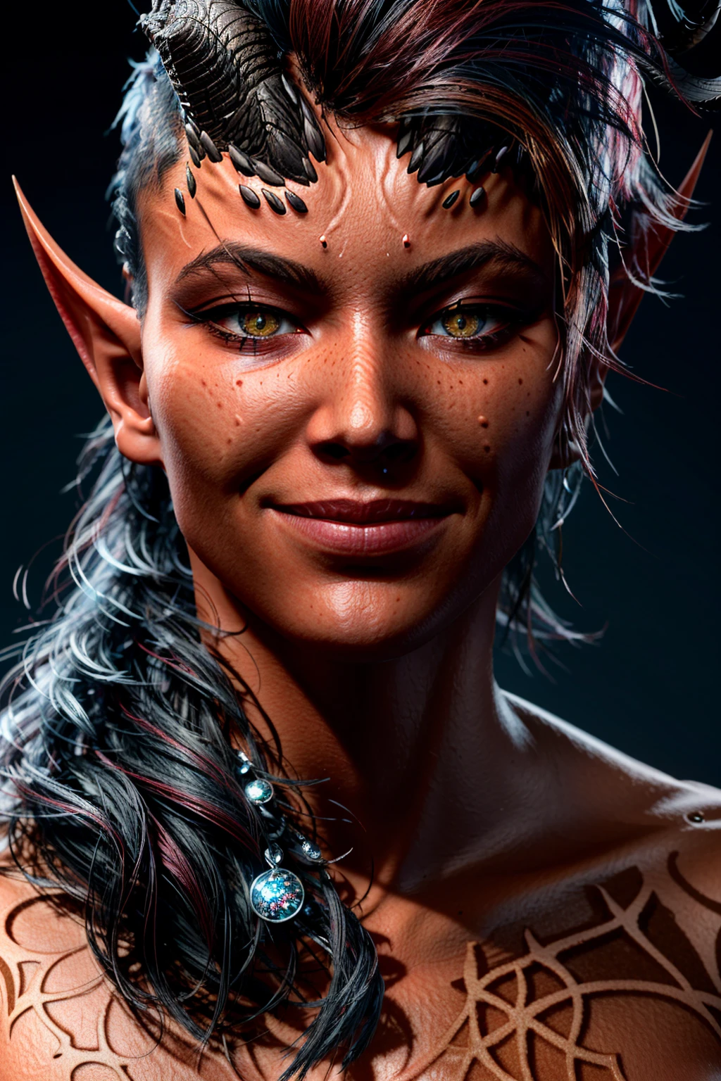 (masterpiece, best quality:1.3)
<lora:epi_noiseoffset2:1> <lora:add_detail:0.7> <lora:BGKarlach:0.8>
BGKarlach, 1girl, solo, realistic, long hair, horns, pointy ears, close-up, seductive smile, eye contact, flesh, atmospheric lighting, detailed body and face, by Thomas Kinkade