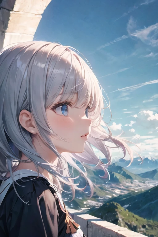 1girl,floating hair,soothing tones, muted colors,cute detailed face,mountainous horizon,