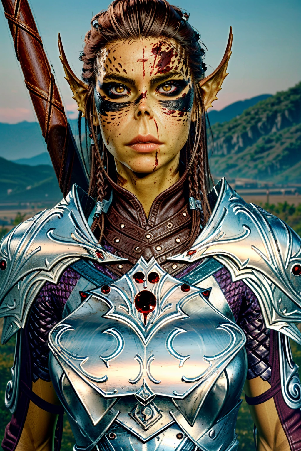 (masterpiece, best quality:1.3)
<lora:epi_noiseoffset2:1> <lora:add_detail:0.7> <lora:BGLaezelDreamshaper:0.8>
BGLaezel, 1girl, solo, long hair, brown hair, upper body, weapon, pointy ears, sword, armor, lips, blood, colored skin, shoulder armor, pauldrons, breastplate, blood on face