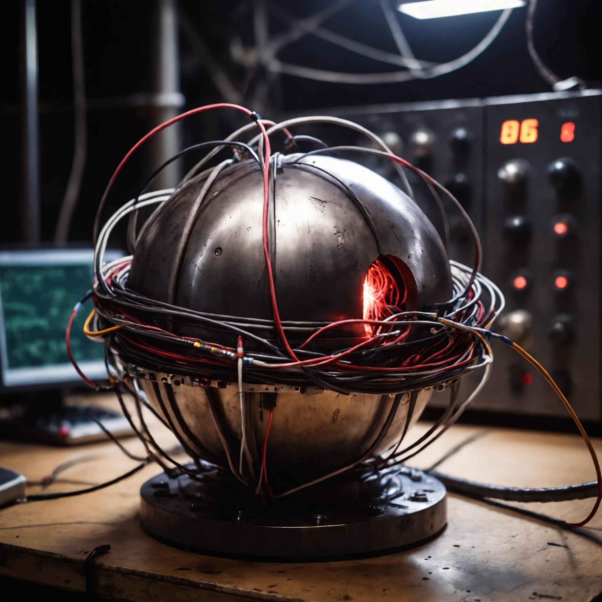 A Photograph of the demon core, metal ball with cables, science lab, cables, dark atmosphere, epic,