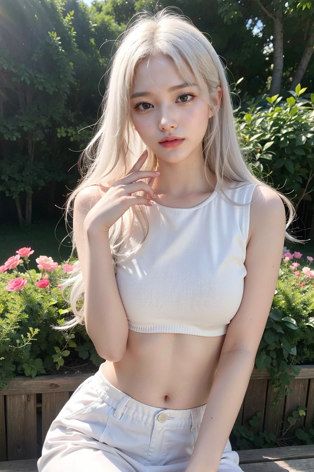 (masterpiece:1.2), (realistic, photo-realistic:1.1), (best quality), ultra detailed, highly detailed, 8k uhd, dslr, intricate details, detailed texture, High quality shadow, a realistic representation of the face, Detailed beautiful delicate face, detailed fingers, Detailed beautiful delicate eyes, glossy lips, perfect body, sexy body, dynamic lighting, highres, absurdres, detailed background, (1 girls), solo, cute,
cowboy shot, (white hair), glossy eyes, crop top, skirt, parted lips, blush, night, flowers, sun, sunlight
