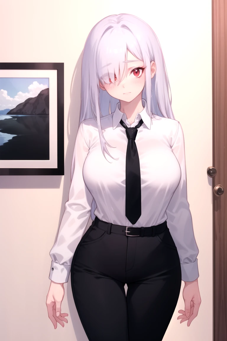 masterpiece, best quality, long hair, white hair, hair over one eye, red eyes, collared shirt, white shirt, long sleeves, necktie, red necktie, pants, black pants, large breasts, standing, looking at viewer, indoors, <lora:EonsangStyleFinalV1:1>