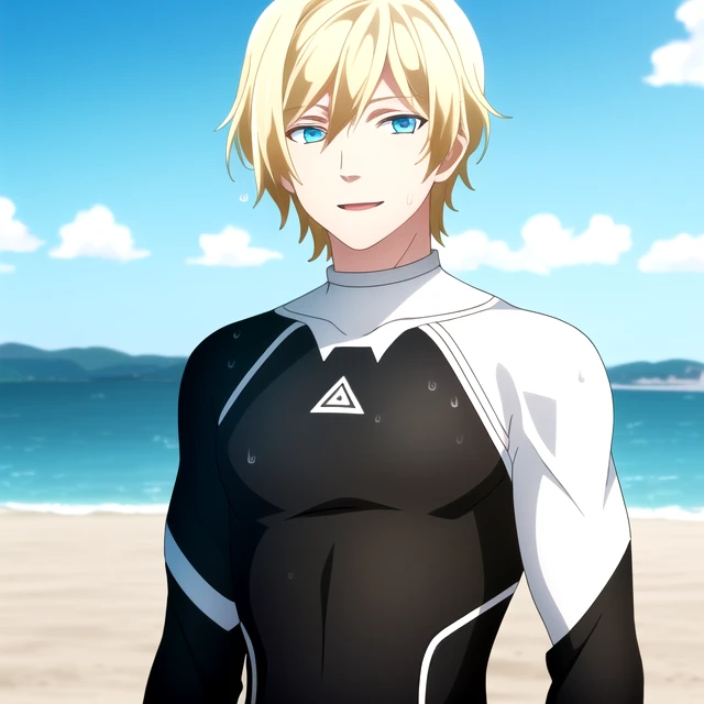 high quality, highres, absurdres, nsfw, (1boy, solo focus, muscular male), bodysuit, black and white wetsuit, blue eyes, blonde hair, disgust, sho akitsuki <lora:Sho_Akitsuki_v2:0.7> , beach, standing, (arms at sides), upper body, light smile, wet, wet hair, sweat,