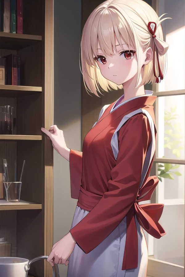 chisatonishikigi, <lora:chisatonishikigi-lora-nochekaiser:1>, 
nishikigi chisato, short hair, bangs, blonde hair, (red eyes:1.5), hair ribbon, one side up, bob cut, <lora:smirkingeye_v100:1>, <lora:smirkingmouth_v100:1>
BREAK japanese clothes, kimono, apron, red ribbon, waitress, red kimono,
BREAK indoors, cafe,
BREAK looking at viewer, (cowboy shot:1.5),
BREAK <lyco:GoodHands-beta2:1>, (masterpiece:1.2), best quality, high resolution, unity 8k wallpaper, (illustration:0.8), (beautiful detailed eyes:1.6), extremely detailed face, perfect lighting, extremely detailed CG, (perfect hands, perfect anatomy),