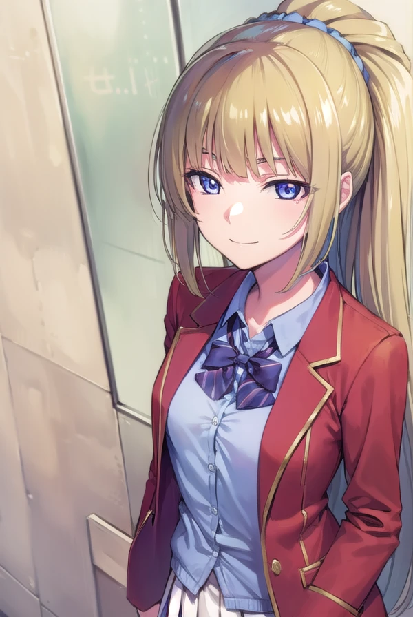 (Masterpiece: 1.1), (Best Quality, Ultra Resolution: 1.0), (8K Resolution: 1.2), (Photorealistic, Ultra Detail, Clear Focus 1:0), (Original Photo, Lighting: 1:1), BREAK detailed reflecting eyes by professional digital painting, beautiful pretty cute small face, (1girl:1.3), BREAK 17 age, school uniform, (blue bowtie, blue sash:1.3), BREAK (red bolero jacket, red skirt:1.1), BREAK White blouses, long sleeves,