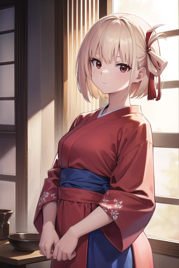 chisatonishikigi, <lora:chisatonishikigi-lora-nochekaiser:1>, 
nishikigi chisato, short hair, bangs, blonde hair, (red eyes:1.5), hair ribbon, one side up, bob cut, <lora:smirkingeye_v100:1>, <lora:smirkingmouth_v100:1>
BREAK japanese clothes, kimono, apron, red ribbon, waitress, red kimono,
BREAK indoors, cafe,
BREAK looking at viewer, (cowboy shot:1.5),
BREAK <lyco:GoodHands-beta2:1>, (masterpiece:1.2), best quality, high resolution, unity 8k wallpaper, (illustration:0.8), (beautiful detailed eyes:1.6), extremely detailed face, perfect lighting, extremely detailed CG, (perfect hands, perfect anatomy),