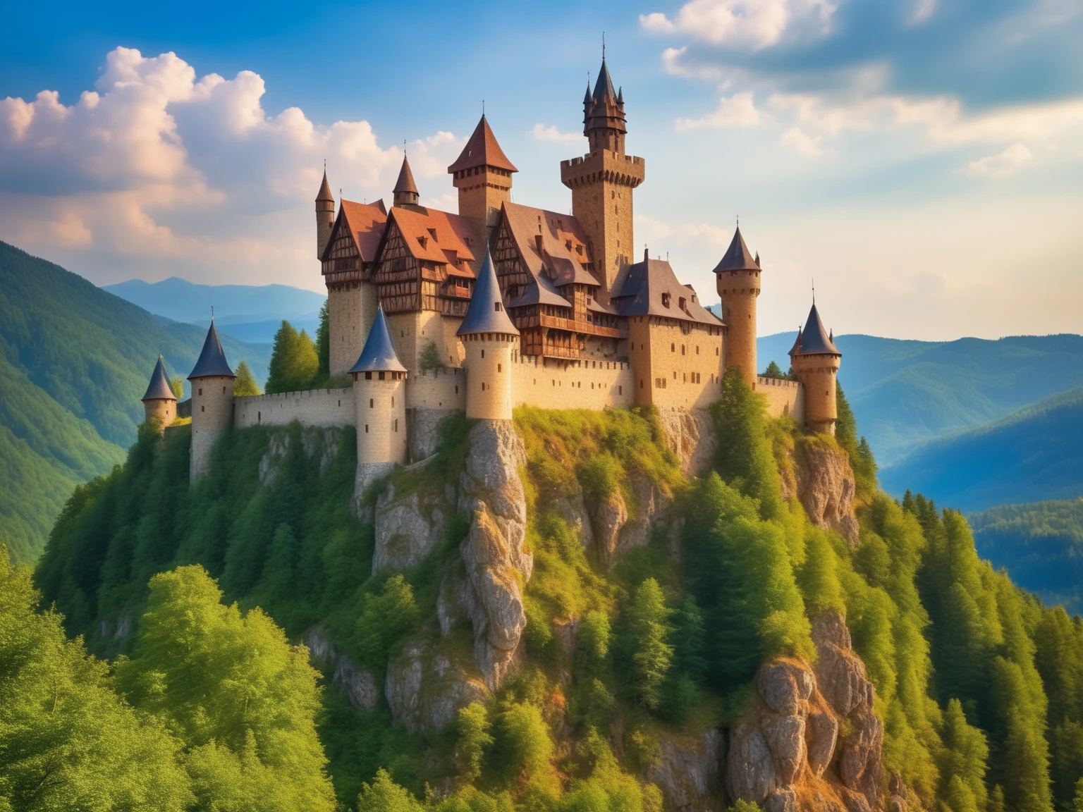 a RAW photo of a medieval castle on a mountain, forest, intricate details, HDR, masterpiece, digital photo, realism, extreme realistic
