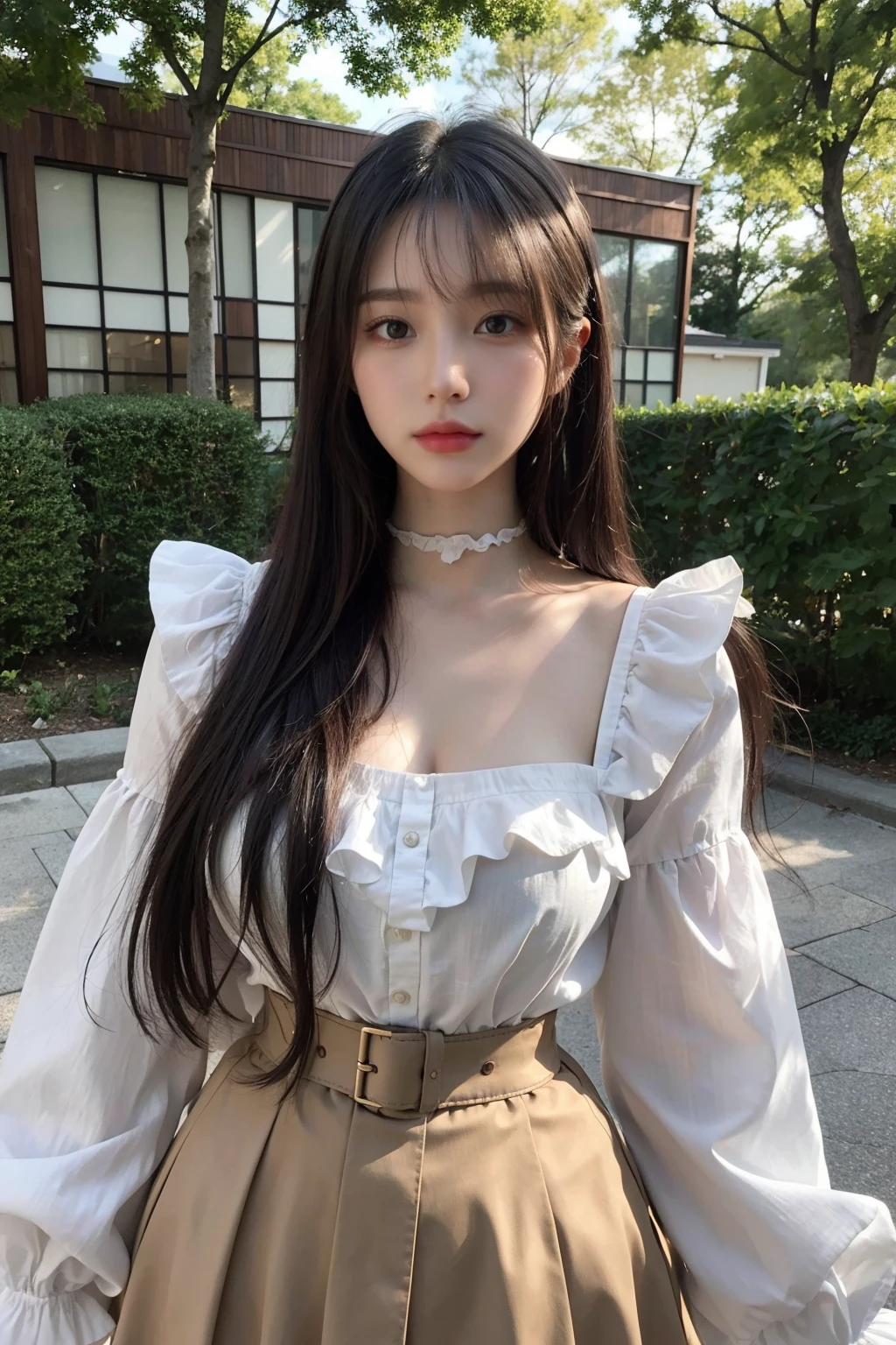 (masterpiece:1.3), (realistic, photo-realistic:1.3), (best quality), ultra detailed, highly detailed, 8k uhd, dslr, intricate details, amazing, highres, absurdres, realistic texture, (real skin, real body skin), best shadow, realistic representation of the face, Detailed fingers, Detailed beautiful delicate eyes, glossy lips, perfect body, proportions body, sexy body, dynamic lighting, Cinematic Light, detailed background,(1girl), solo, cute, (medium breasts),
ray tracing, 21 years old, (blush:0.5),cowboy shot, shirokane rinko, expressionless, closed mouth, frilled shirt collar, black neck ribbon, frilled sleeves, high-waist skirt