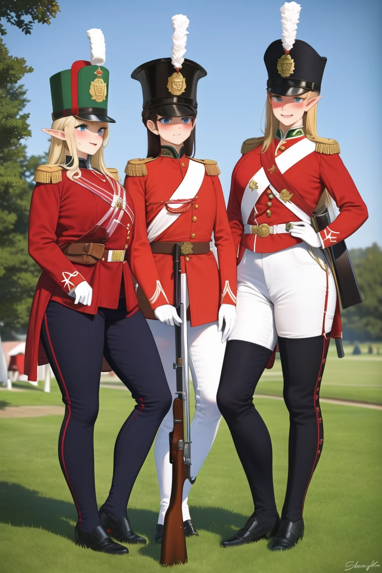 masterpiece, best quality, absurdres, high resolution, extremely detailed, 3girls, <lora:redcoatv2:0.75>,military_uniform, uniform, standing, hat, epaulettes ,military, white_pants, red_jacket,shako hat,rifle, white pants,napoleonera, regiment of foot,redcoat,musket, red and white hackle, red and white plume, blonde long wavy hair, blue eyes, smug, full-face blush, large breasts, wide hips, narrow waist, elf,pointy ears, <lora:mashu style-03:0.8>bayonet,