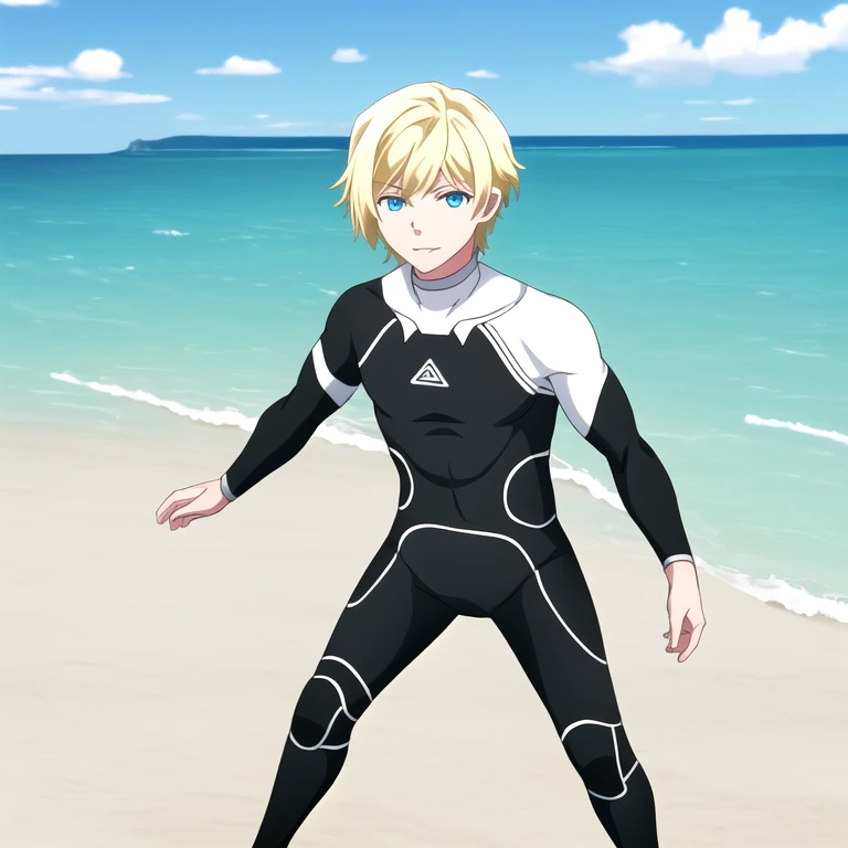 high quality, highres, absurdres, nsfw, 1boy, solo focus, muscular male, bodysuit, black and white wetsuit, blue eyes, blonde hair, disgust, sho akitsuki <lora:Sho_Akitsuki_v2:0.7> , beach, standing, arms at sides,