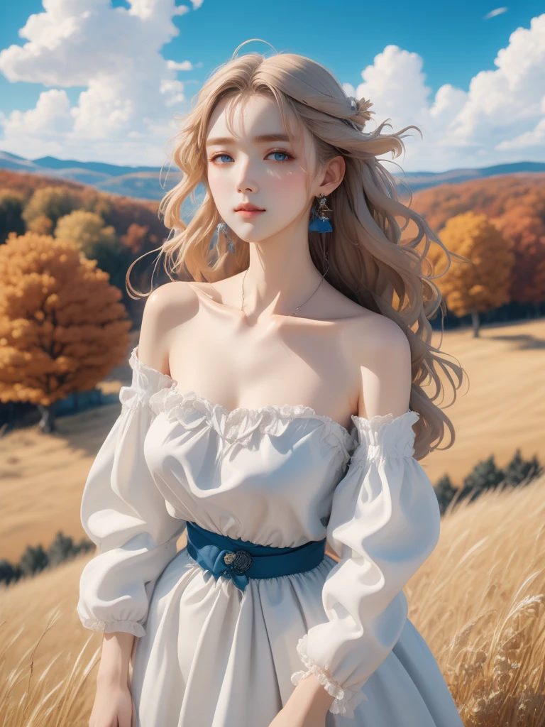 (masterpiece,best quality:1.5),ultra realistic,32k,RAW photo,(high detailed skin:1.2), 8k uhd, dslr, soft lighting, high quality, film grain,Polaroid ,(ðï¸),ðªµ, collarbone, eardrop,(wind),lady,(sexy:1.1),Blue sky, white clouds, view from above ,(Eastern European plateau), autumn day, anime