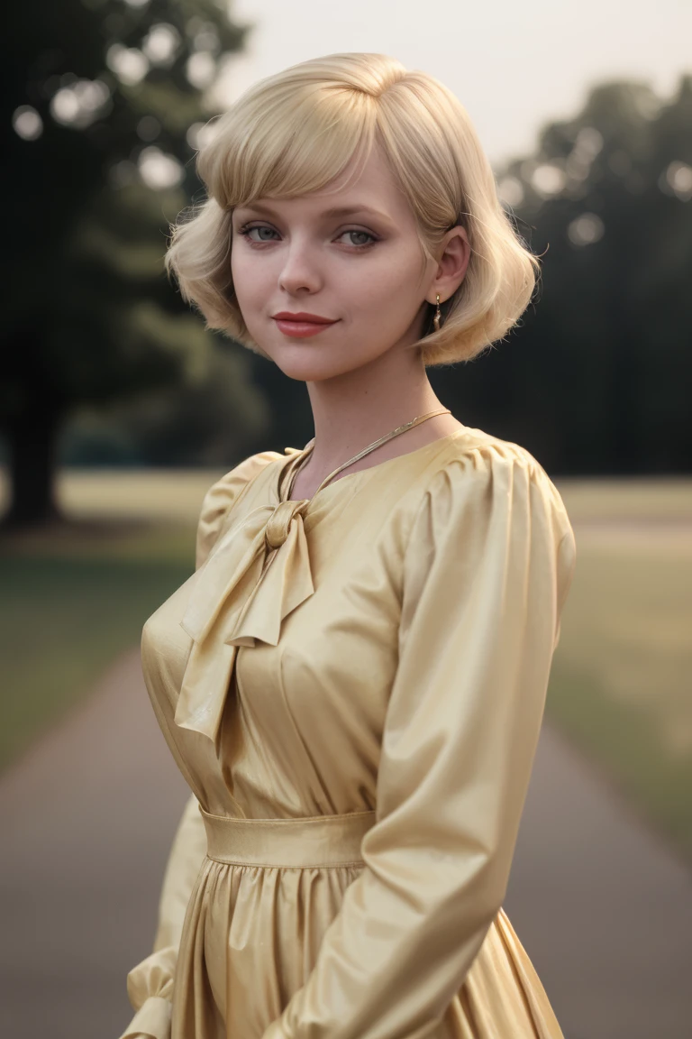 [face closeup of : : 0.2] mhpifr wearing a vintage golden dress, prewar america outdoors, smug expression, short hairdo, realistic, <lora:MhPifr_v1_locon_96_96:1>