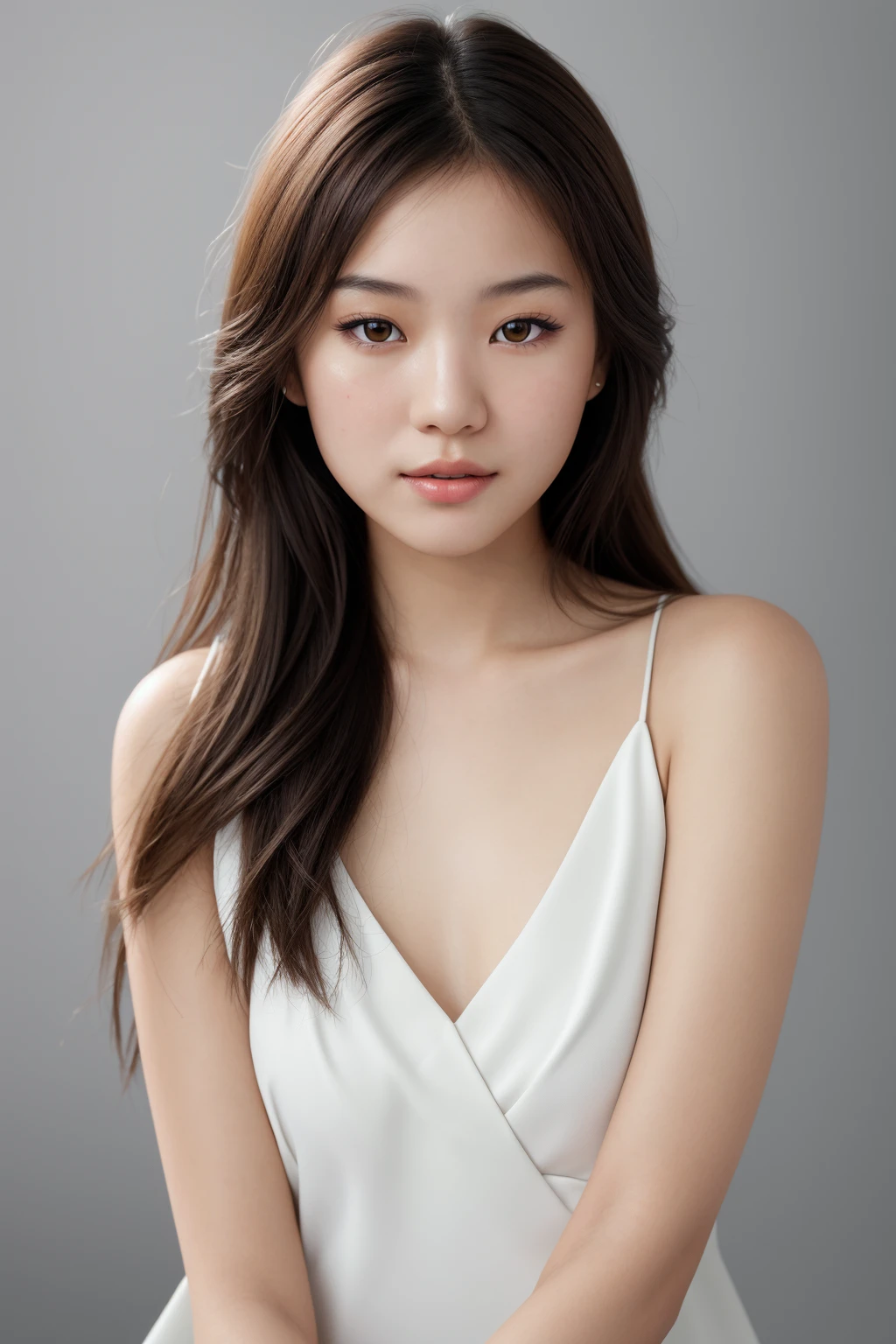 1girl,pure beauty,portrait,best quality,front view,solo,(((realisitc skin texture))),Asian,look at viewer, black eyes, clear eyes,High detail of face,snow white skin,moisture lips,brown hair,realistic texture hair, Cannon EOS-1D X Mark II, 80mm ,f2.8,ISO 200,realistic,studio lighting, ultra bright white lighting,((front lighting)),simple background,white background,high resolution,professional photography,ultra high details,32K