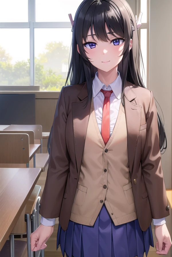 maisakurajima, <lora:maisakurajima-lora-nochekaiser:1>,
sakurajima mai, long hair, bangs, (black hair:1.5), hair ornament, (purple eyes:1.2), hairclip, rabbit hair ornament, <lora:sensualface_type2:1>, smile,
BREAK skirt, shirt, school uniform, white shirt, short sleeves, pantyhose, pleated skirt, collared shirt, blue skirt, black pantyhose, red necktie, jacket, (brown jacket:1.5),
BREAK indoors, classroom,
BREAK looking at viewer, (cowboy shot:1.5),
BREAK <lyco:GoodHands-beta2:1>, (masterpiece:1.2), best quality, high resolution, unity 8k wallpaper, (illustration:0.8), (beautiful detailed eyes:1.6), extremely detailed face, perfect lighting, extremely detailed CG, (perfect hands, perfect anatomy),