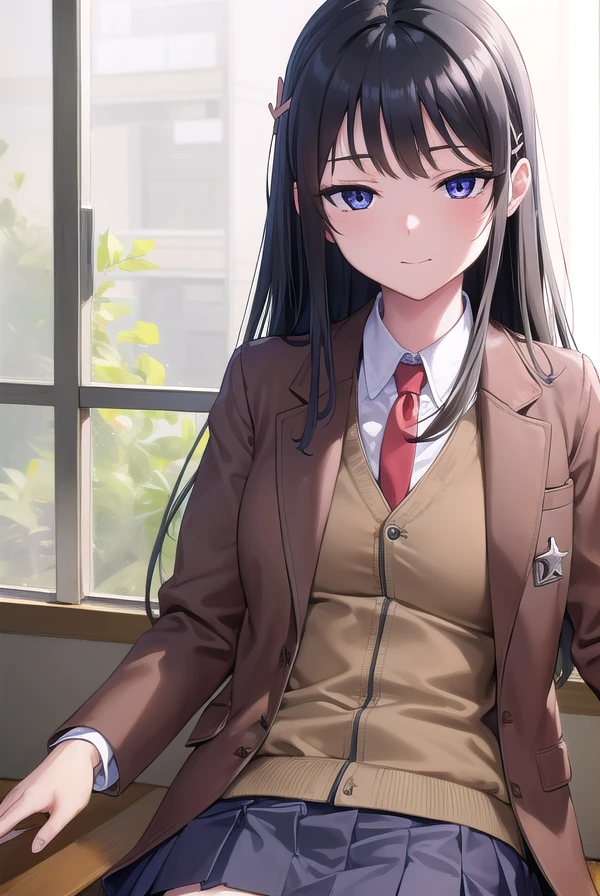 maisakurajima, <lora:maisakurajima-lora-nochekaiser:1>,
sakurajima mai, long hair, bangs, (black hair:1.5), hair ornament, (purple eyes:1.1), hairclip, rabbit hair ornament, <lora:sensualface_type1:1>, smile,
BREAK skirt, shirt, school uniform, white shirt, short sleeves, pantyhose, pleated skirt, collared shirt, blue skirt, black pantyhose, red necktie, jacket, (brown jacket:1.5),
BREAK indoors, classroom,
BREAK looking at viewer, (cowboy shot:1.5),
BREAK <lyco:GoodHands-beta2:1>, (masterpiece:1.2), best quality, high resolution, unity 8k wallpaper, (illustration:0.8), (beautiful detailed eyes:1.6), extremely detailed face, perfect lighting, extremely detailed CG, (perfect hands, perfect anatomy),