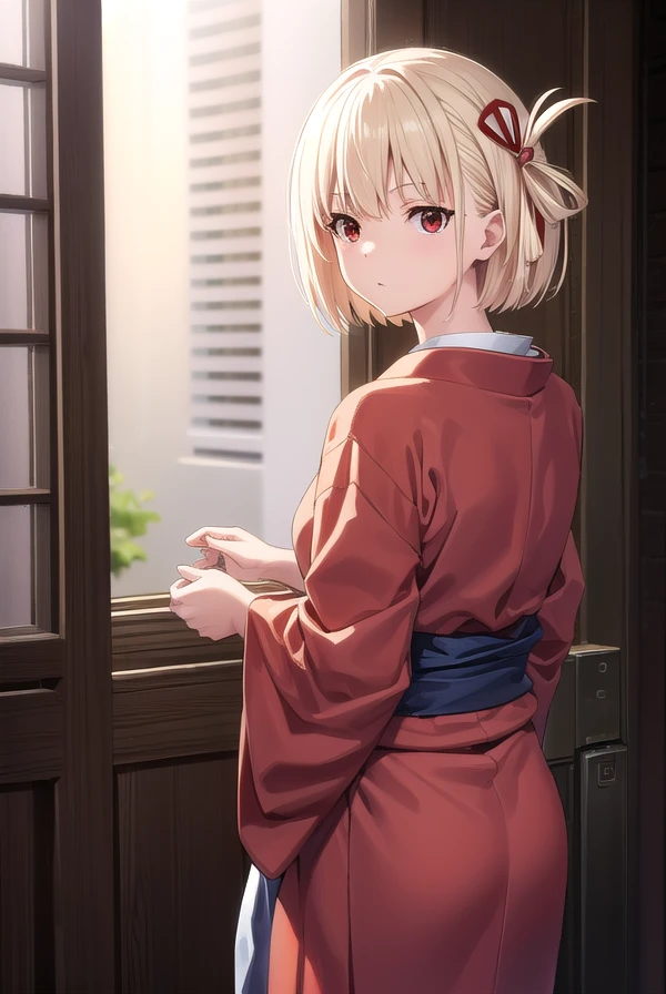 chisatonishikigi, <lora:chisatonishikigi-lora-nochekaiser:1>,
nishikigi chisato, short hair, bangs, blonde hair, (red eyes:1.5), hair ribbon, one side up, bob cut, <lora:smirkingeye_v100:1>, <lora:smirkingmouth_v100:1>
BREAK japanese clothes, kimono, apron, red ribbon, waitress, red kimono,
BREAK indoors, cafe,
BREAK looking at viewer, (cowboy shot:1.5),
BREAK <lyco:GoodHands-beta2:1>, (masterpiece:1.2), best quality, high resolution, unity 8k wallpaper, (illustration:0.8), (beautiful detailed eyes:1.6), extremely detailed face, perfect lighting, extremely detailed CG, (perfect hands, perfect anatomy),