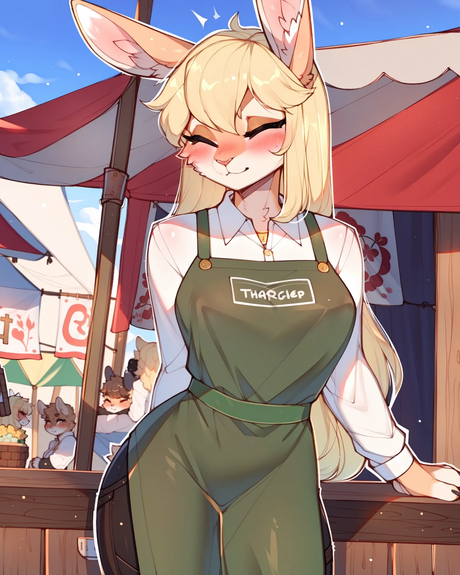 sfw,by claweddrip,by ressue,by pudgeruffian,by fleet-foot,by thericegoat,best quality,masterpiece,medieval,market,solo,female,rabbit,(lop ears:1.1),blonde hair,long straight hair,beige body,eyes closed,green apron,black pants,white shirt