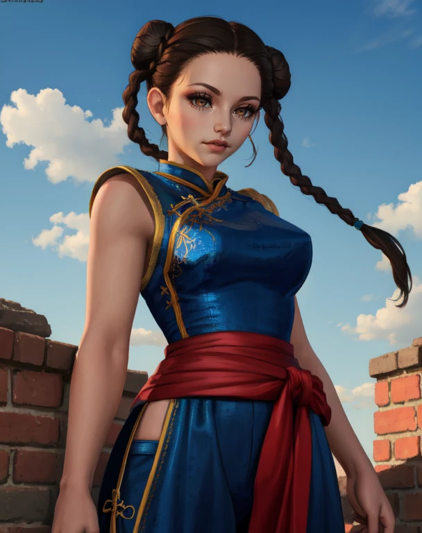 PaiChan, twin braids , blue ribbons, brown eyes, double bun, black hair,
standing, solo , upper body,
hips, 
cowboy shot, 
blue Chinese clothes, red sash, pants, sleevless, 
blue sky, cloudy, dusk,
(insanely detailed, beautiful detailed face, masterpiece, best quality <lora:Pai-10v6:0.7>