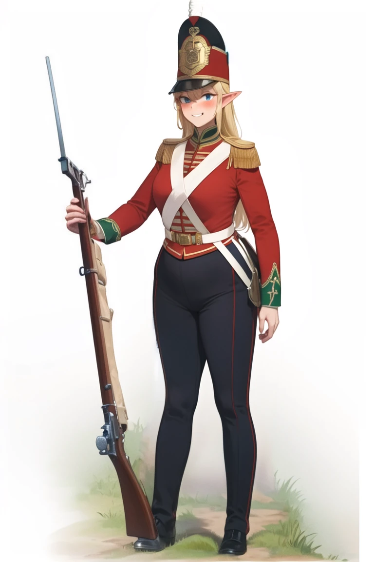 masterpiece, best quality, absurdres, high resolution, extremely detailed, 1girl, <lora:redcoatv2:0.75>,military_uniform, uniform, standing, hat, epaulettes ,military, white_pants, red_jacket,shako hat,rifle, white pants,napoleonera, regiment of foot,redcoat,musket, red and white hackle, red and white plume, blonde long wavy hair, blue eyes, smug, full-face blush, large breasts, wide hips, narrow waist, elf,pointy ears, <lora:mashu style-03:0.8>bayonet,