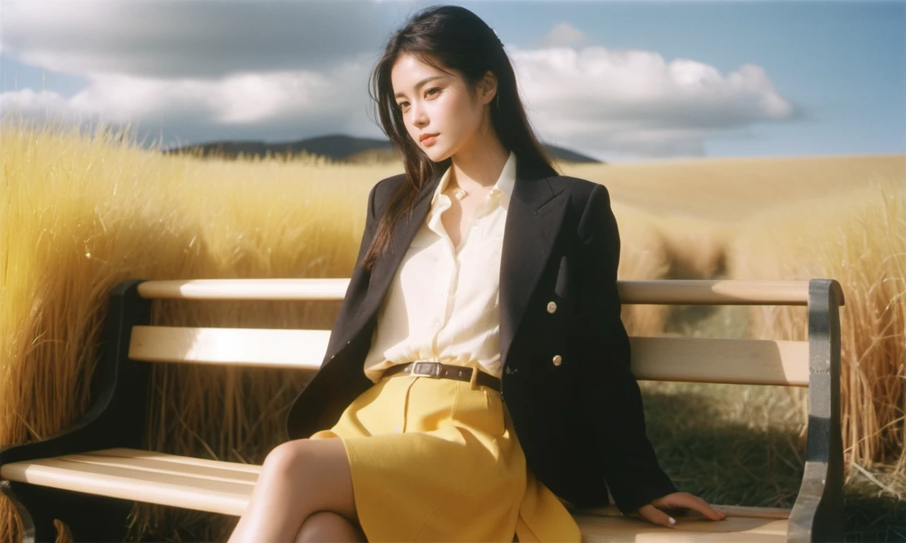 From side,The girl sat in the (wooden bench or stool:1.2), as if waiting for someone,jacket,realistic,upper body,(Yellow grass), cloud,lens_flare,Natural light,Grey Film filter,(KODAK Ektar 100:1.2),portrait,