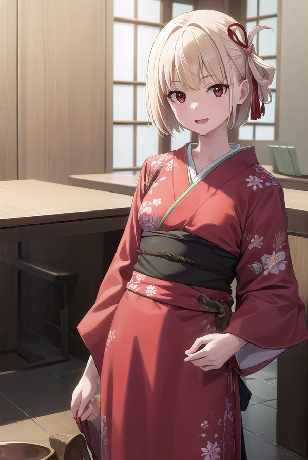 chisatonishikigi, <lora:chisatonishikigi-lora-nochekaiser:1>,
nishikigi chisato, short hair, bangs, blonde hair, (red eyes:1.5), hair ribbon, one side up, bob cut, <lora:smirkingeye_v100:1>, <lora:smirkingmouth_v100:1> open mouth, smile,
BREAK japanese clothes, kimono, apron, red ribbon, waitress, red kimono,
BREAK indoors, cafe,
BREAK looking at viewer, (cowboy shot:1.5),
BREAK <lyco:GoodHands-beta2:1>, (masterpiece:1.2), best quality, high resolution, unity 8k wallpaper, (illustration:0.8), (beautiful detailed eyes:1.6), extremely detailed face, perfect lighting, extremely detailed CG, (perfect hands, perfect anatomy),