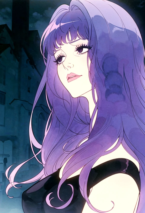 <lora:jeannebelladonna:0.6> 1girl, jeannabelladonna, solo, bangs, purple hair, street, portrait