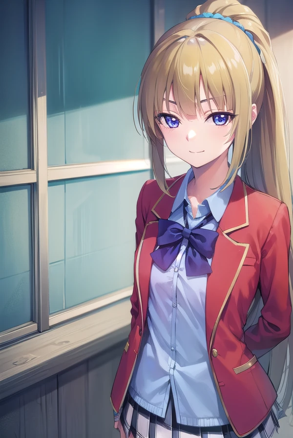 keikaruizawa, <lora:keikaruizawa-lora-nochekaiser:1>, 
kei karuizawa, long hair, bangs, blunt bangs, (purple eyes:1.1), blonde hair, shirt, hair ornament, ponytail, scrunchie, blue scrunchie, (small breast:1.2), <lora:sensualface_type2:1>, smile,
BREAK skirt, shirt, bow, school uniform, jacket, (red jacket:1.2), pleated skirt, bowtie, sweater, (blue bow:1.2), (blue shirt:1.2),
BREAK indoors, classroom,
BREAK looking at viewer, (cowboy shot:1.5),
BREAK <lyco:GoodHands-beta2:1>, (masterpiece:1.2), best quality, high resolution, unity 8k wallpaper, (illustration:0.8), (beautiful detailed eyes:1.6), extremely detailed face, perfect lighting, extremely detailed CG, (perfect hands, perfect anatomy),